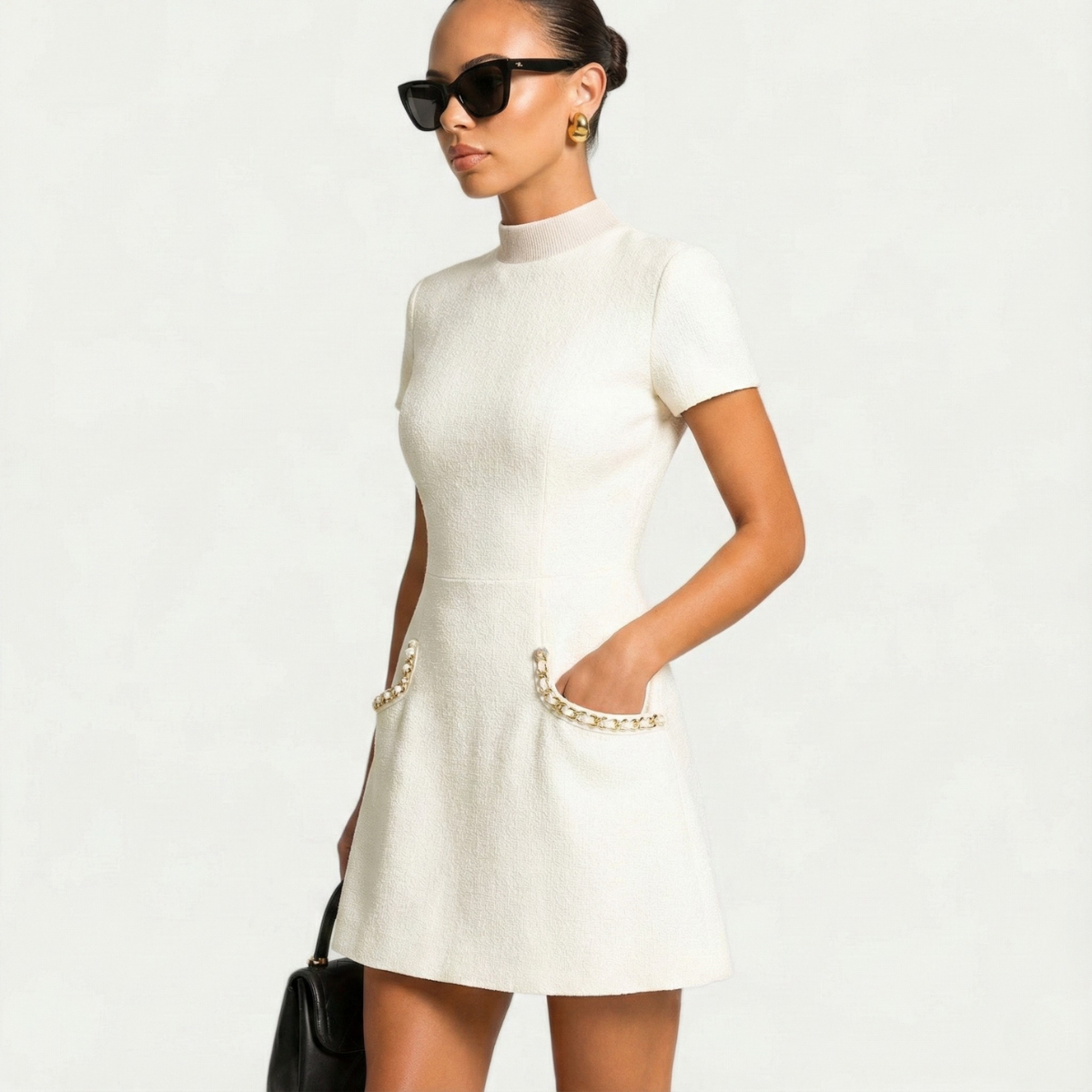 Women's Mini Dress White Structured Fabric Short Sleeve - 6