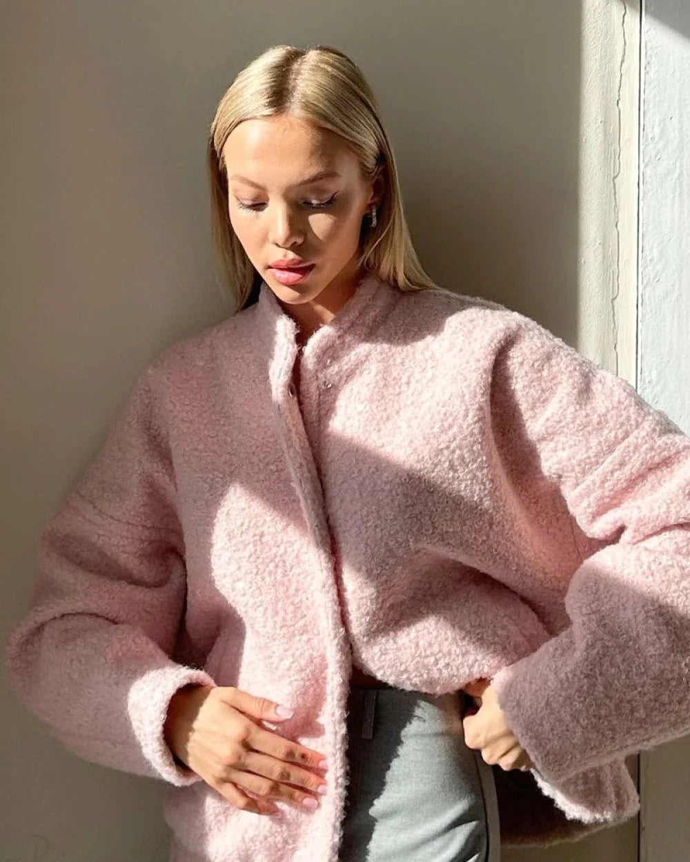 Pinky Women's Fleece Jacket | Stand Collar, Loose Fit 3