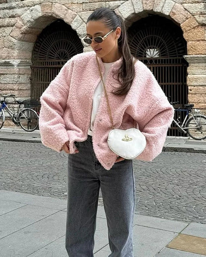 Pinky Women's Fleece Jacket | Stand Collar, Loose Fit 5