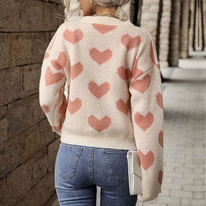Pink Love Heart Pattern Long Sleeve Pullover Sweaters 1