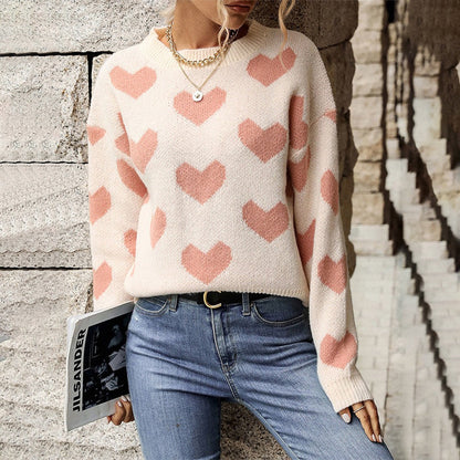 Pink Love Heart Pattern Long Sleeve Pullover Sweaters 3