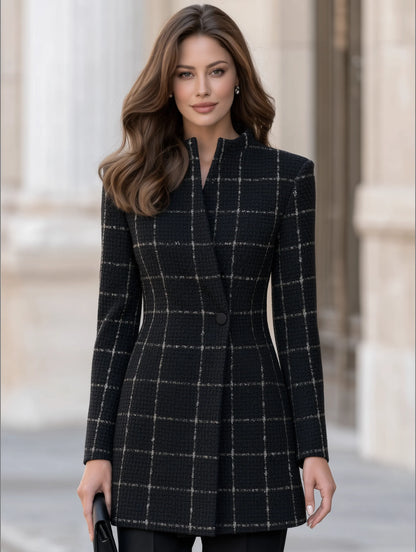 Women's Plaid Stand-Collar Longline Blazer – additional product view | Hensley London