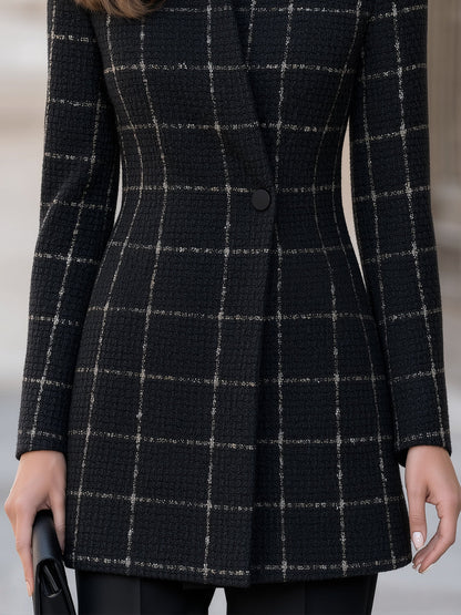 Women's Plaid Stand-Collar Longline Blazer – additional product view | Hensley London