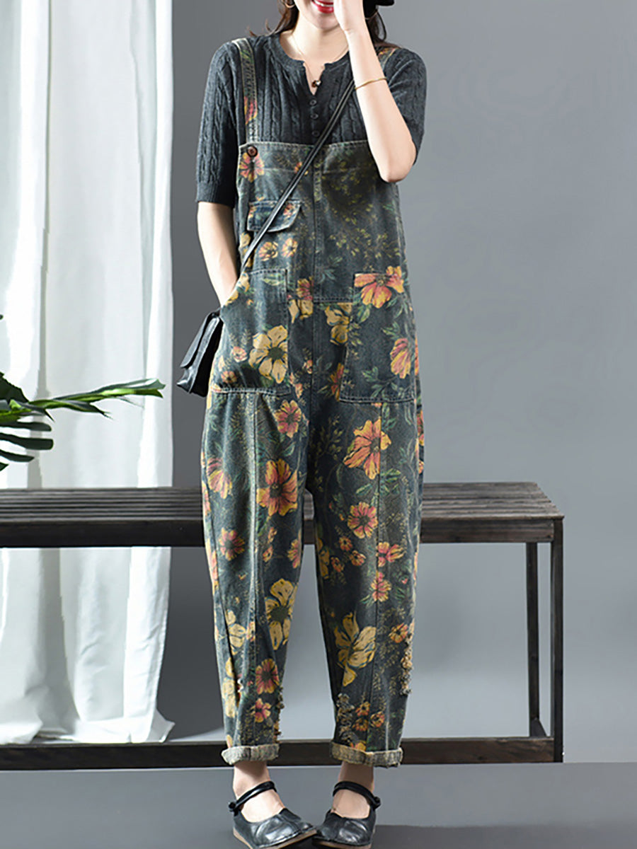 Denim Jumpsuit Women - Floral Print, Casual Fit with Pockets, 100% Cotton - Plus Size - 1