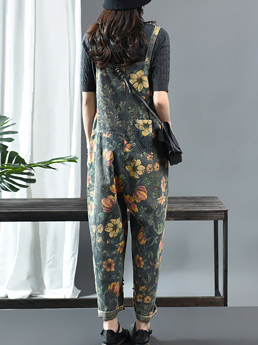 Denim Jumpsuit Women - Floral Print, Casual Fit with Pockets, 100% Cotton - Plus Size - 2