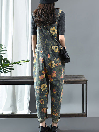 Denim Jumpsuit Women - Floral Print, Casual Fit with Pockets, 100% Cotton - Plus Size - 2