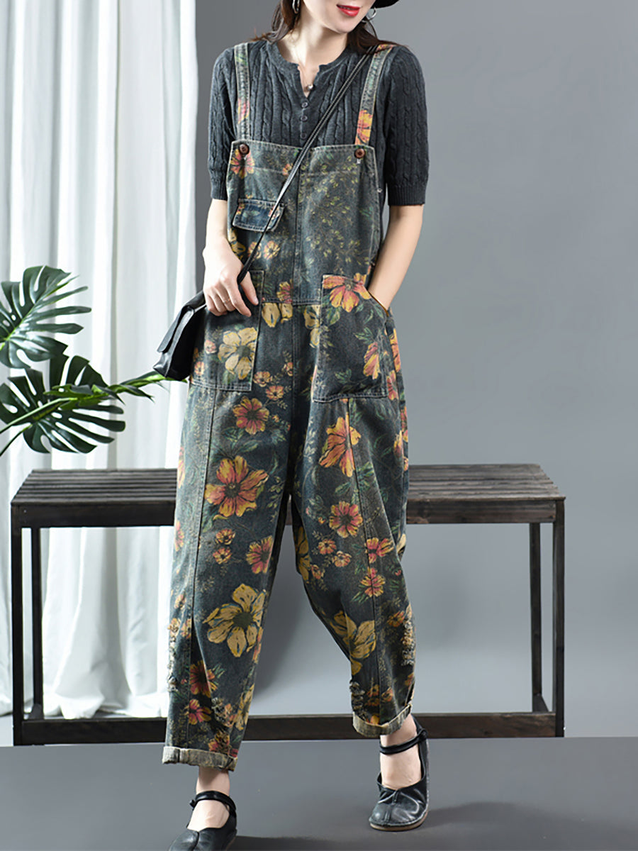 Denim Jumpsuit Women - Floral Print, Casual Fit with Pockets, 100% Cotton - Plus Size - 3