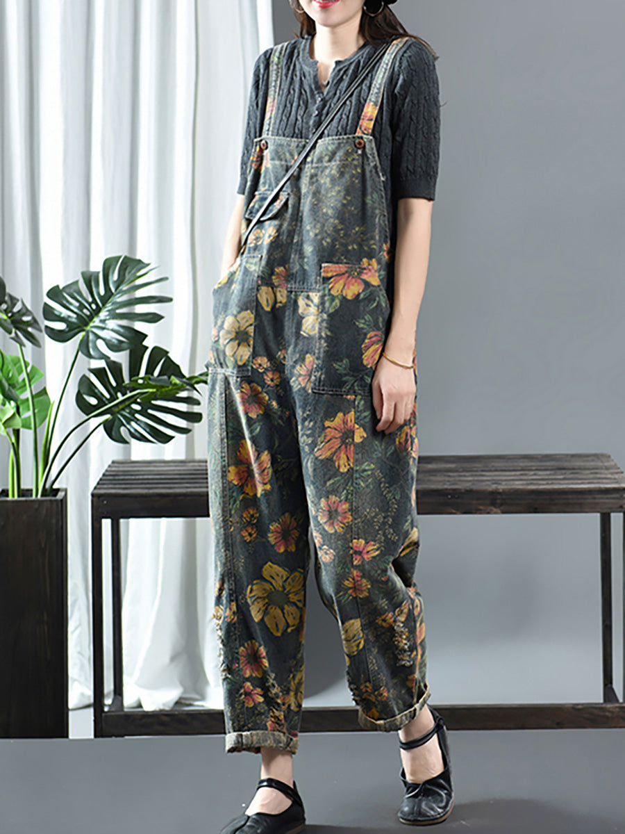 Denim Jumpsuit Women - Floral Print, Casual Fit with Pockets, 100% Cotton - Plus Size - 4