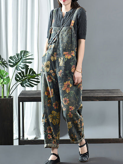 Denim Jumpsuit Women - Floral Print, Casual Fit with Pockets, 100% Cotton - Plus Size - 4