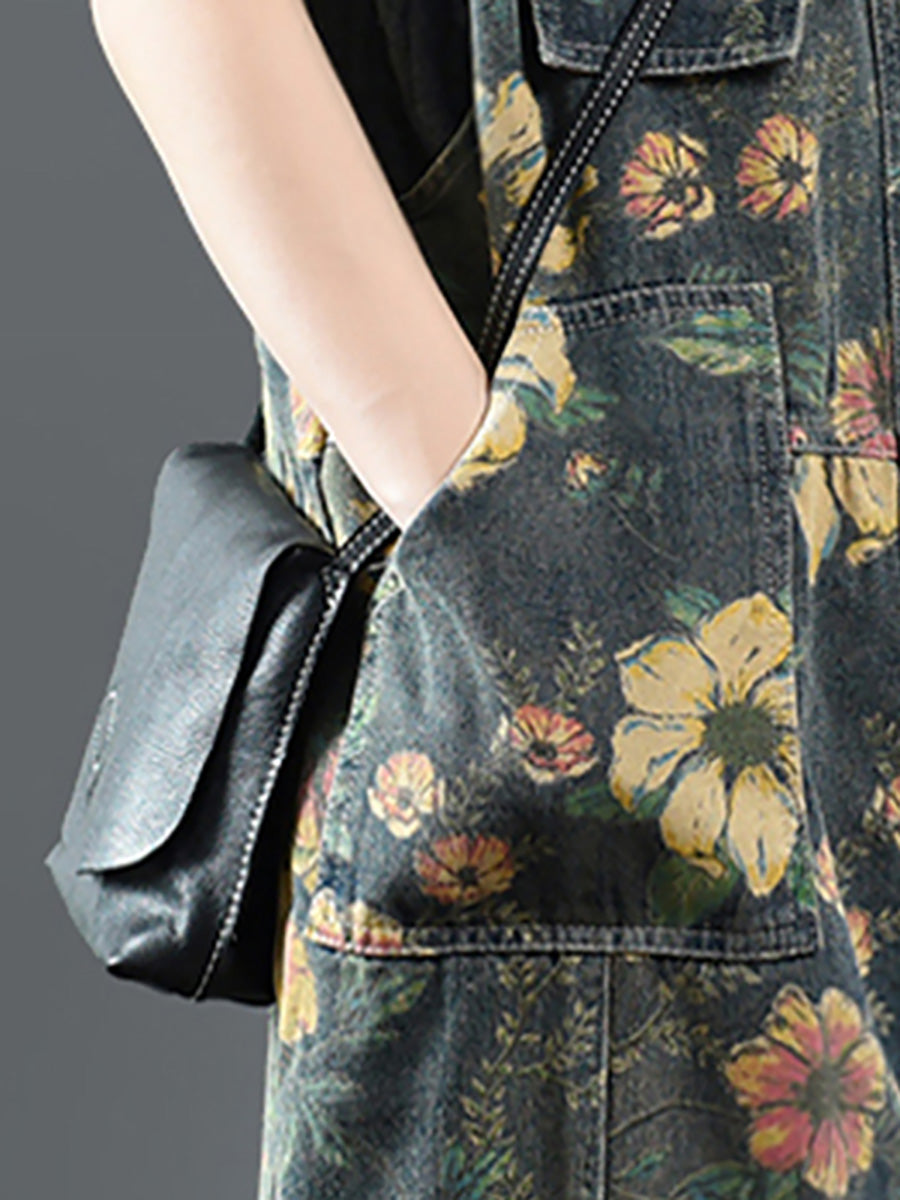 Denim Jumpsuit Women - Floral Print, Casual Fit with Pockets, 100% Cotton - Plus Size - 5