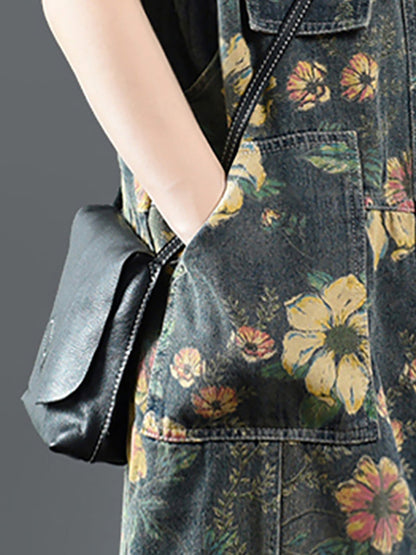 Denim Jumpsuit Women - Floral Print, Casual Fit with Pockets, 100% Cotton - Plus Size - 5