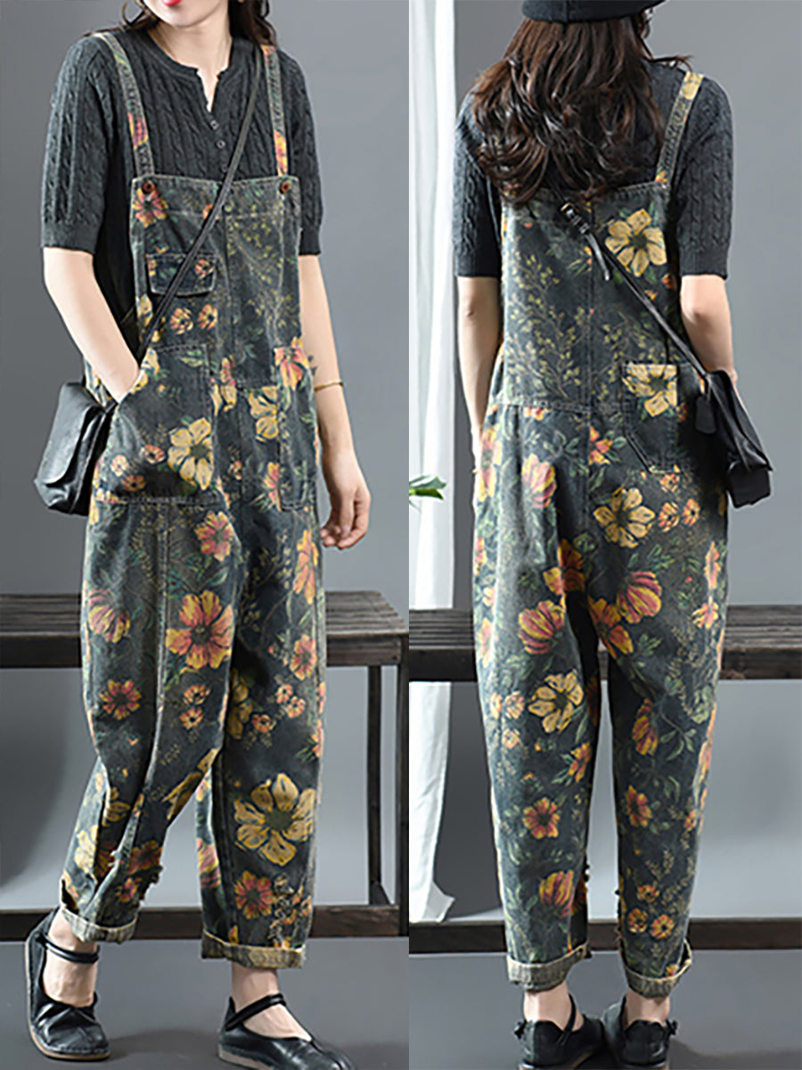 Denim Jumpsuit Women - Floral Print, Casual Fit with Pockets, 100% Cotton - Plus Size - 7