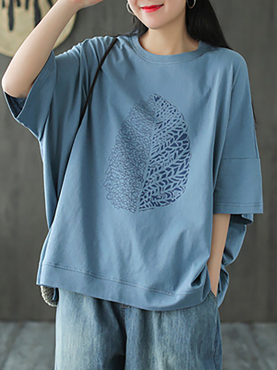 Women's T-Shirt Green Leaf Print Cotton Half Sleeve Plus Size