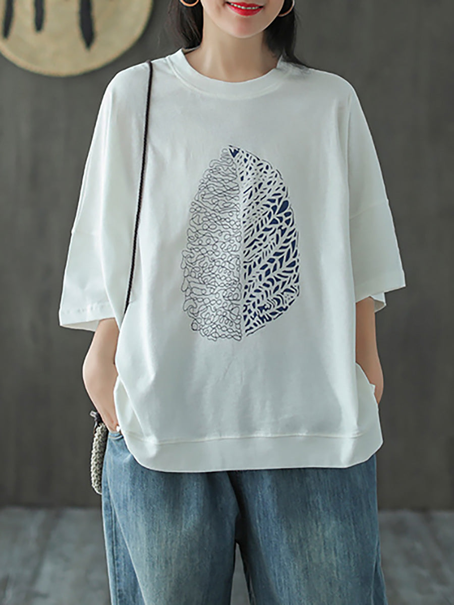 Women's T-Shirt Green Leaf Print Cotton Half Sleeve Plus Size - Image 2