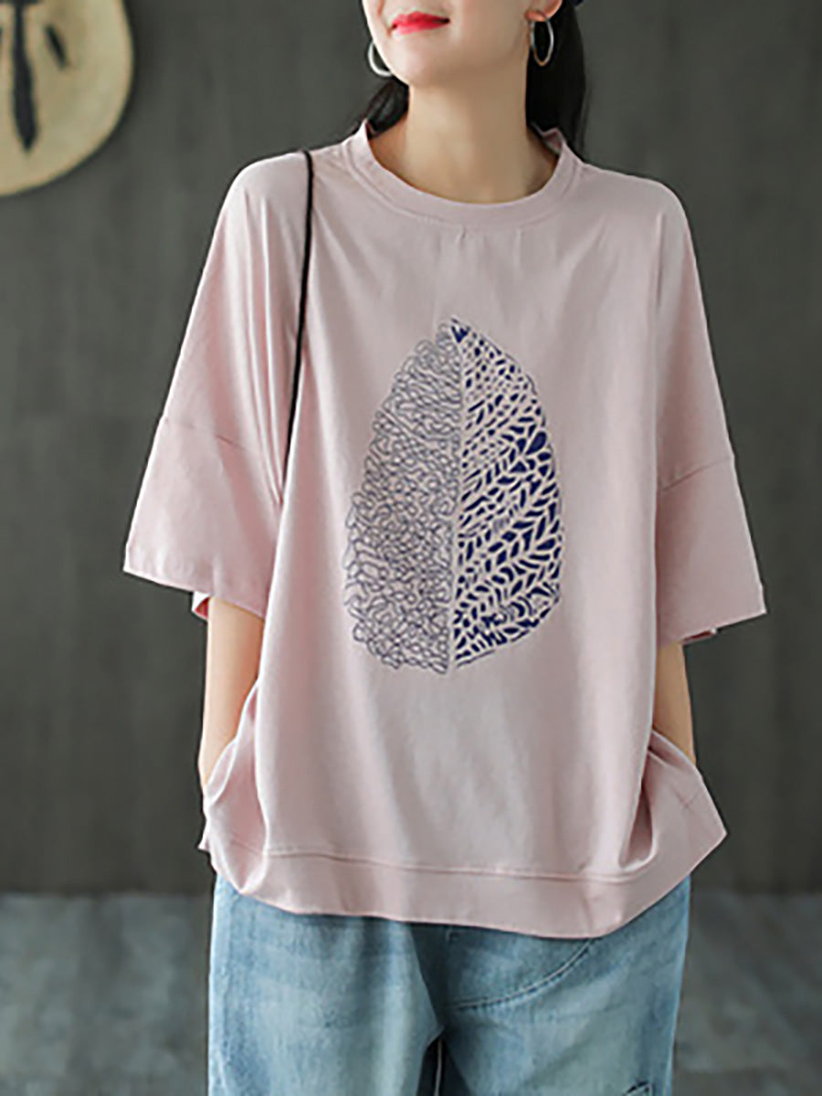 Women's T-Shirt Green Leaf Print Cotton Half Sleeve Plus Size - Image 4