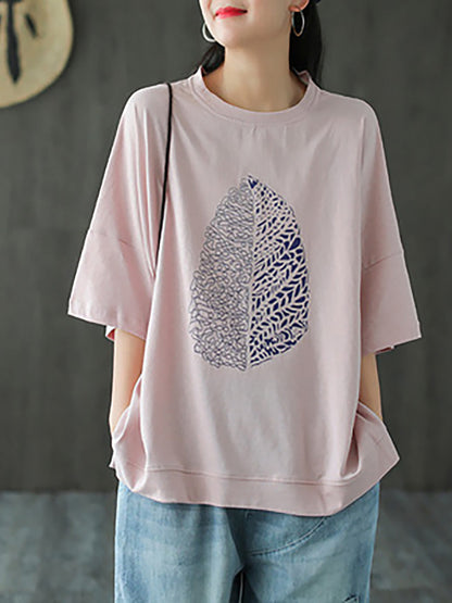Women's T-Shirt Green Leaf Print Cotton Half Sleeve Plus Size - Image 4