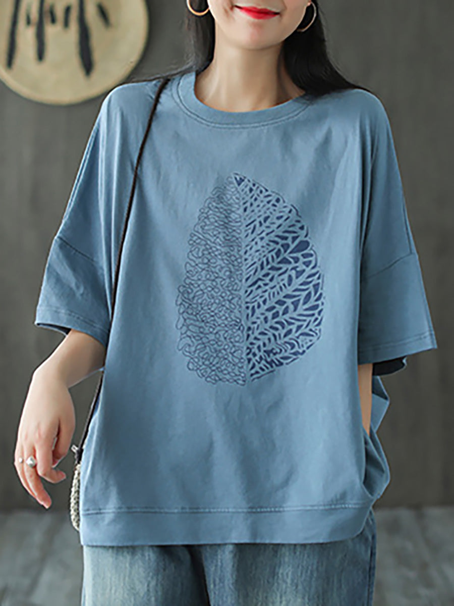 Women's T-Shirt Green Leaf Print Cotton Half Sleeve Plus Size - Image 6