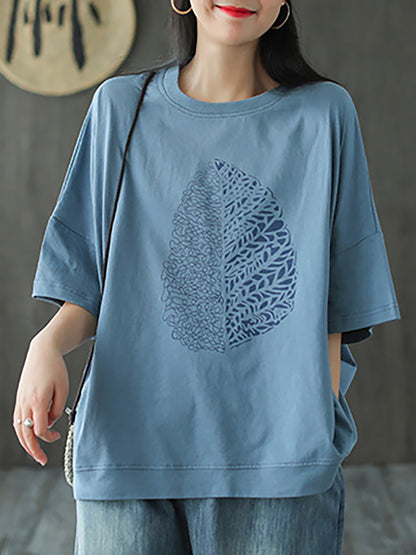 Women's T-Shirt Green Leaf Print Cotton Half Sleeve Plus Size - Image 6