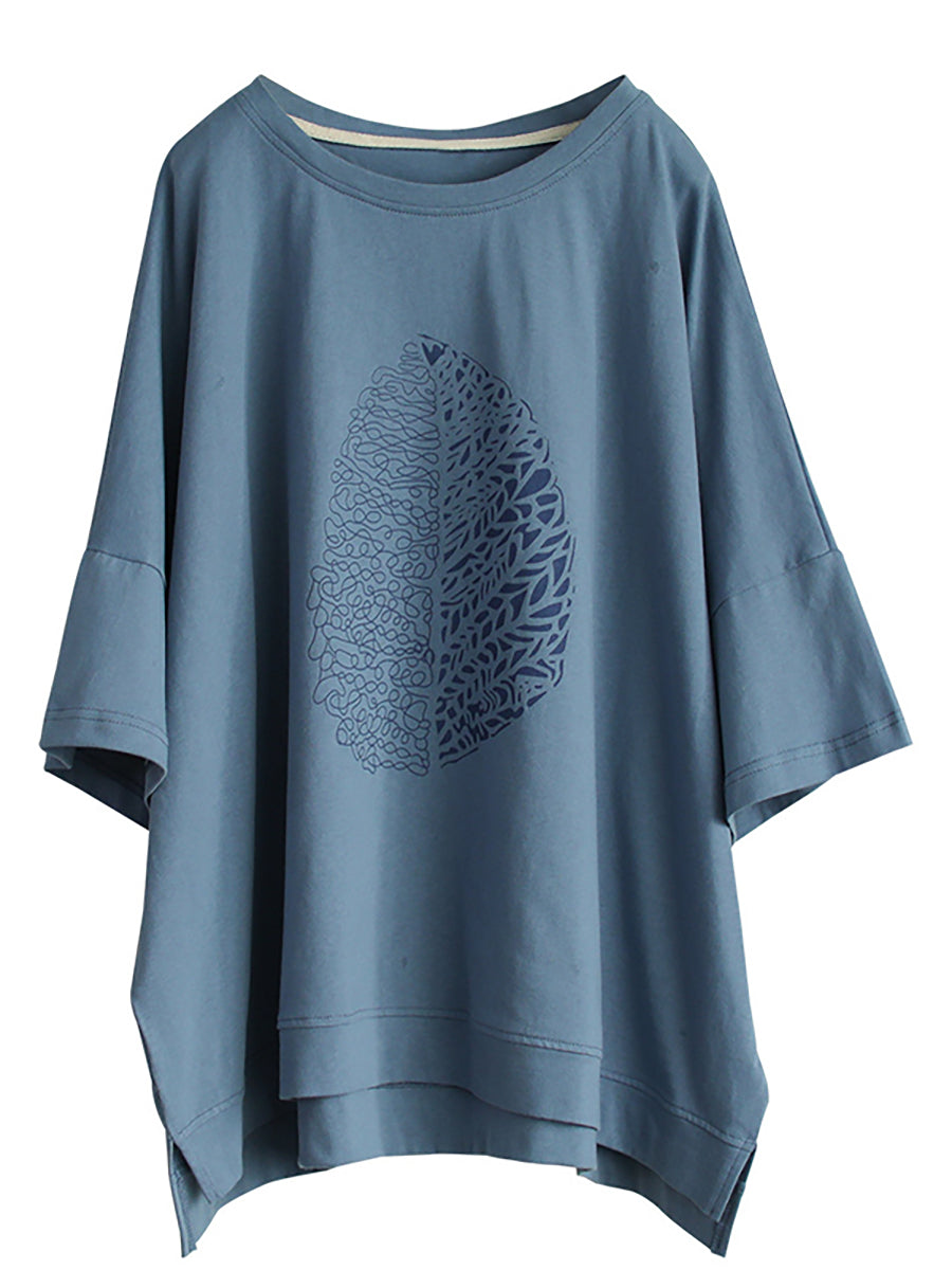 Women's T-Shirt Green Leaf Print Cotton Half Sleeve Plus Size - Image 7