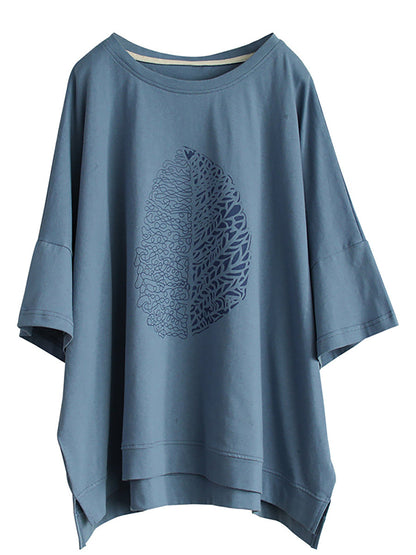 Women's T-Shirt Green Leaf Print Cotton Half Sleeve Plus Size - Image 7