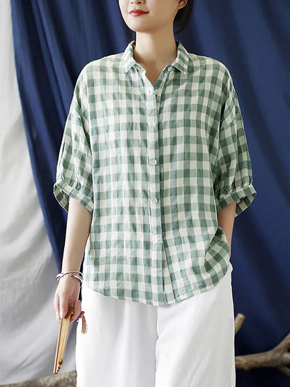 Women's Plus Size Shirt Green Plaid Cotton Loose Fit