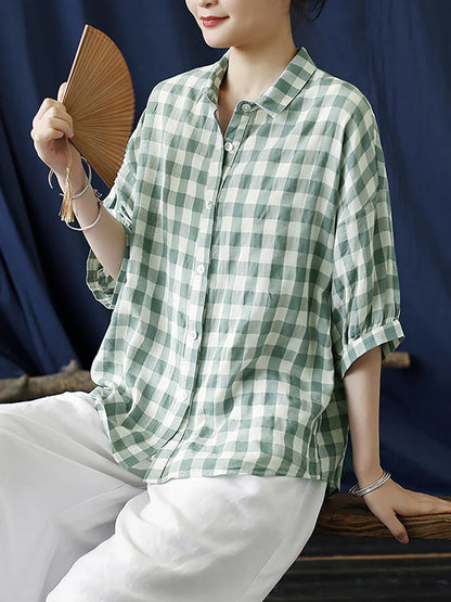 Women's Plus Size Shirt Green Plaid Cotton Loose Fit - Image 2