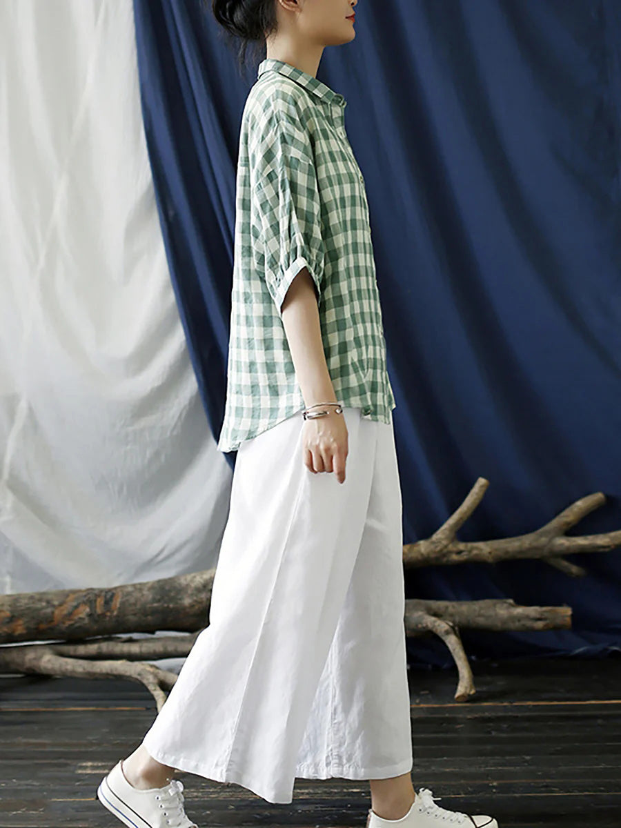 Women's Plus Size Shirt Green Plaid Cotton Loose Fit - Image 3