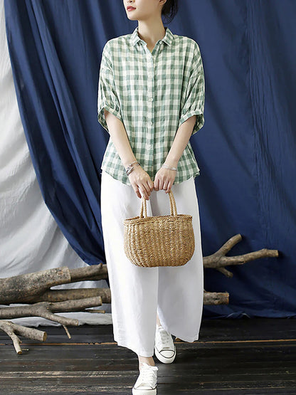 Women's Plus Size Shirt Green Plaid Cotton Loose Fit - Image 4