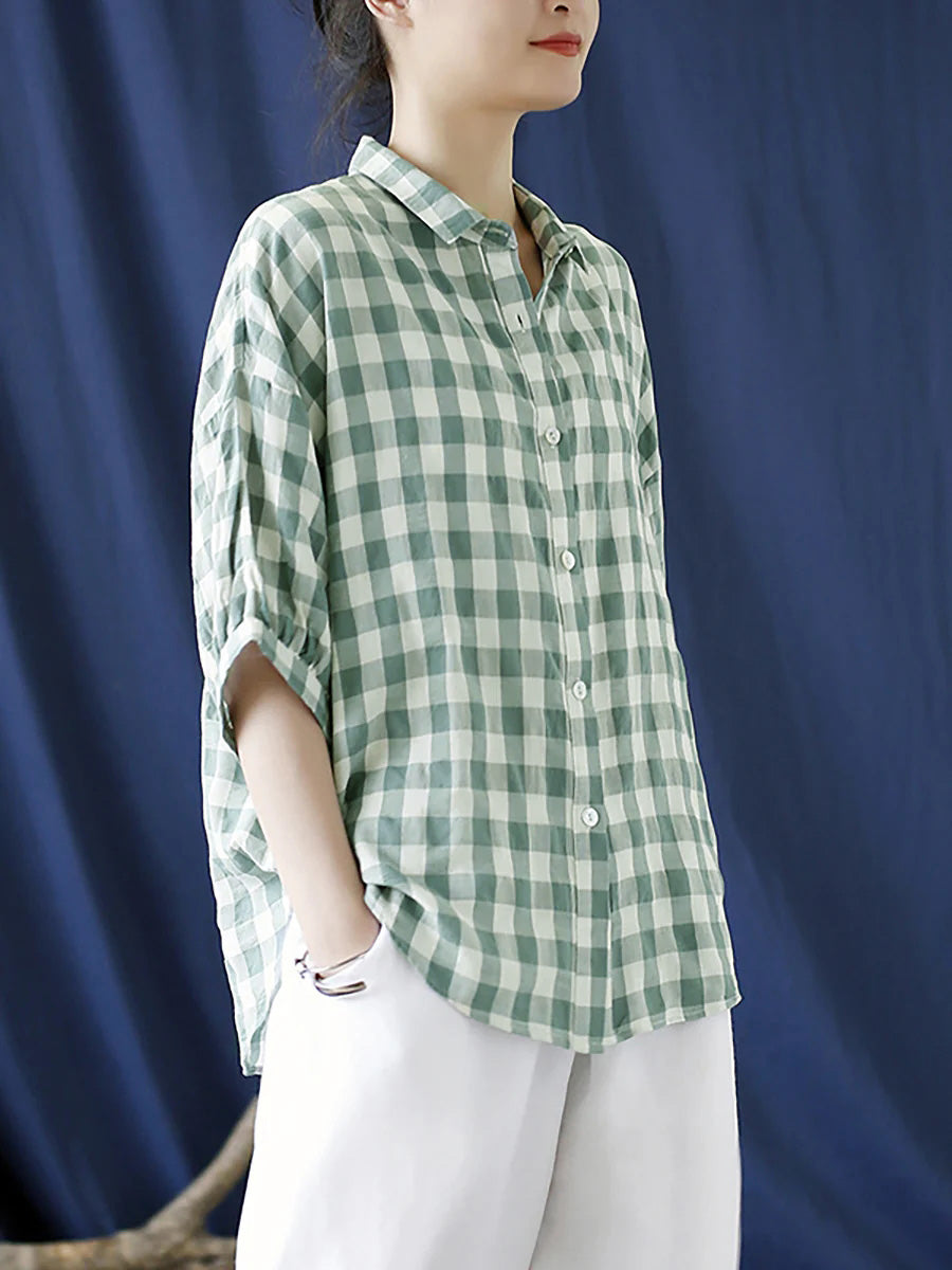 Women's Plus Size Shirt Green Plaid Cotton Loose Fit - Image 5