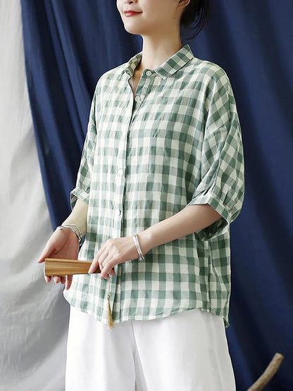 Women's Plus Size Shirt Green Plaid Cotton Loose Fit - Image 6