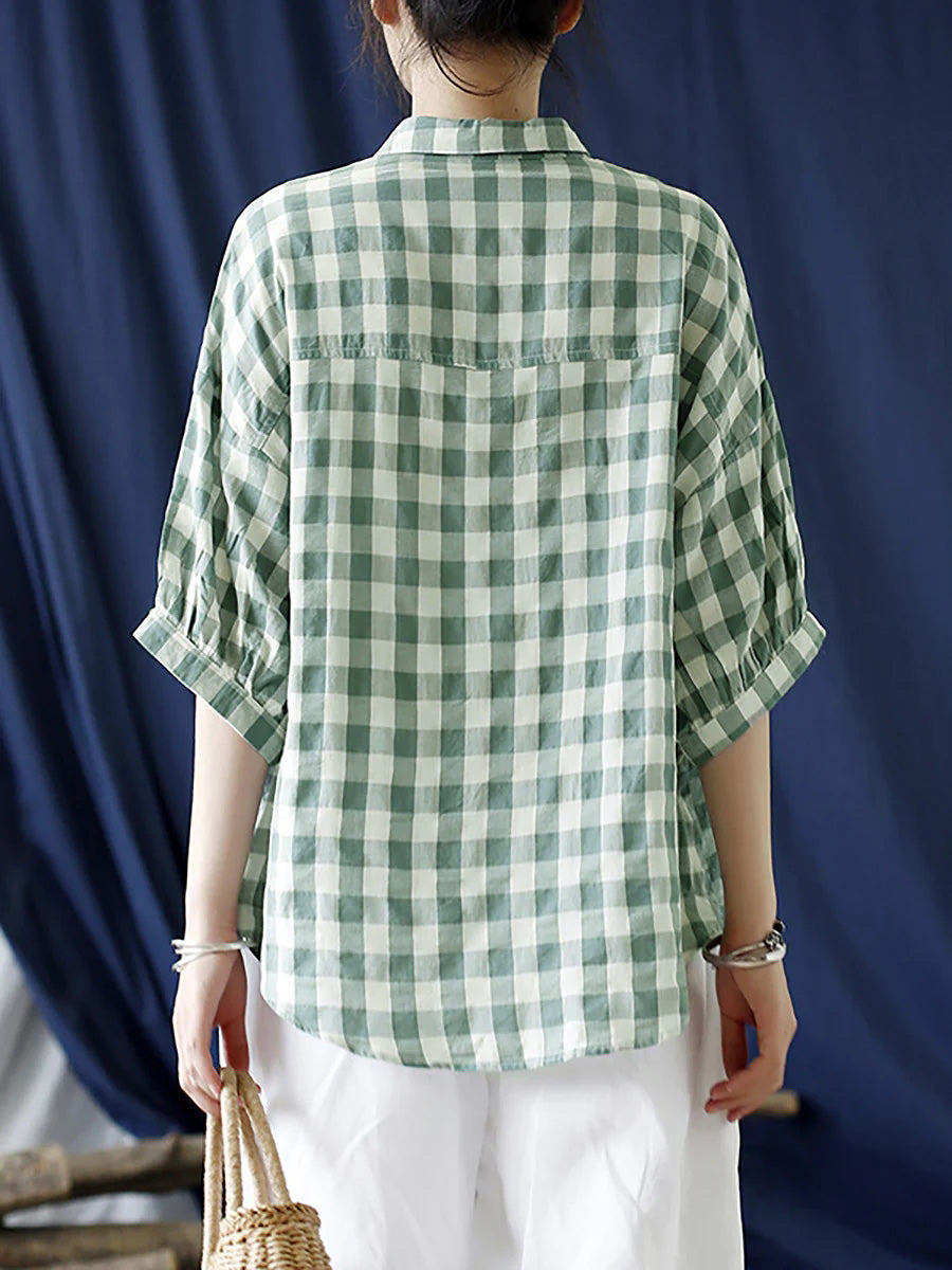 Women's Plus Size Shirt Green Plaid Cotton Loose Fit - Image 7