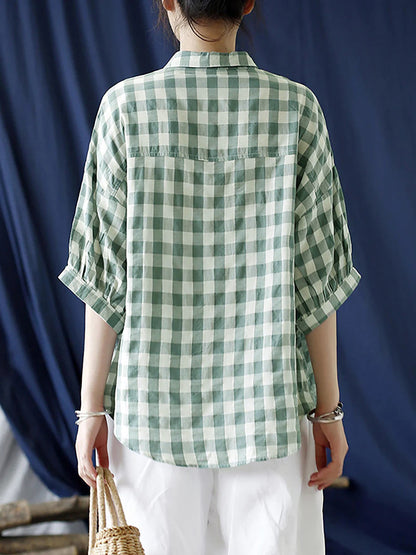 Women's Plus Size Shirt Green Plaid Cotton Loose Fit - Image 7