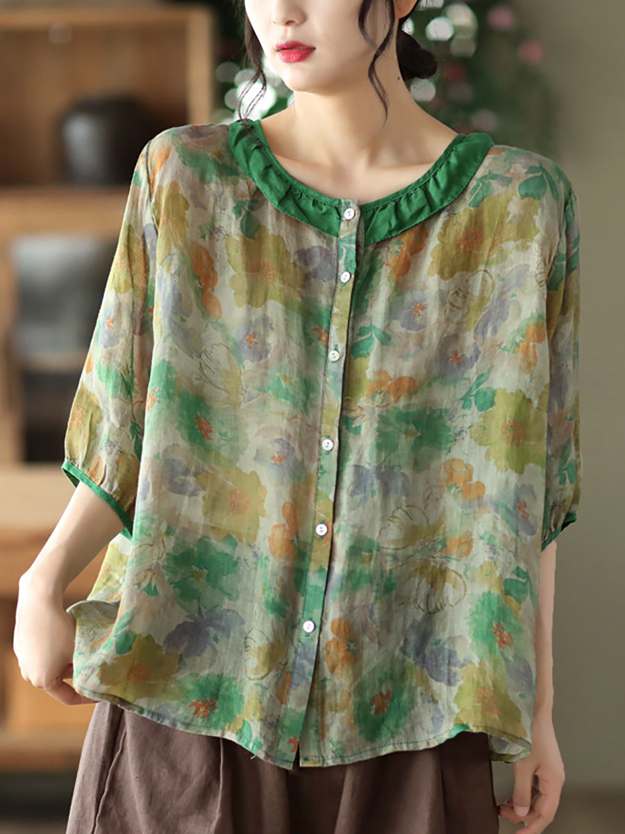 Women's Plus Size Floral Shirt Green Ramie O-Neck