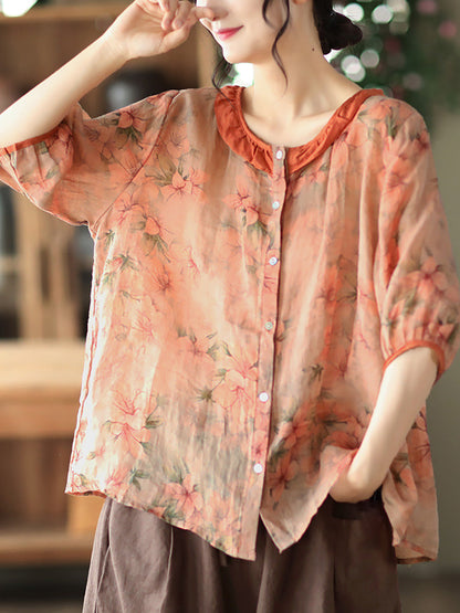 Women's Plus Size Floral Shirt Green Ramie O-Neck - Image 2