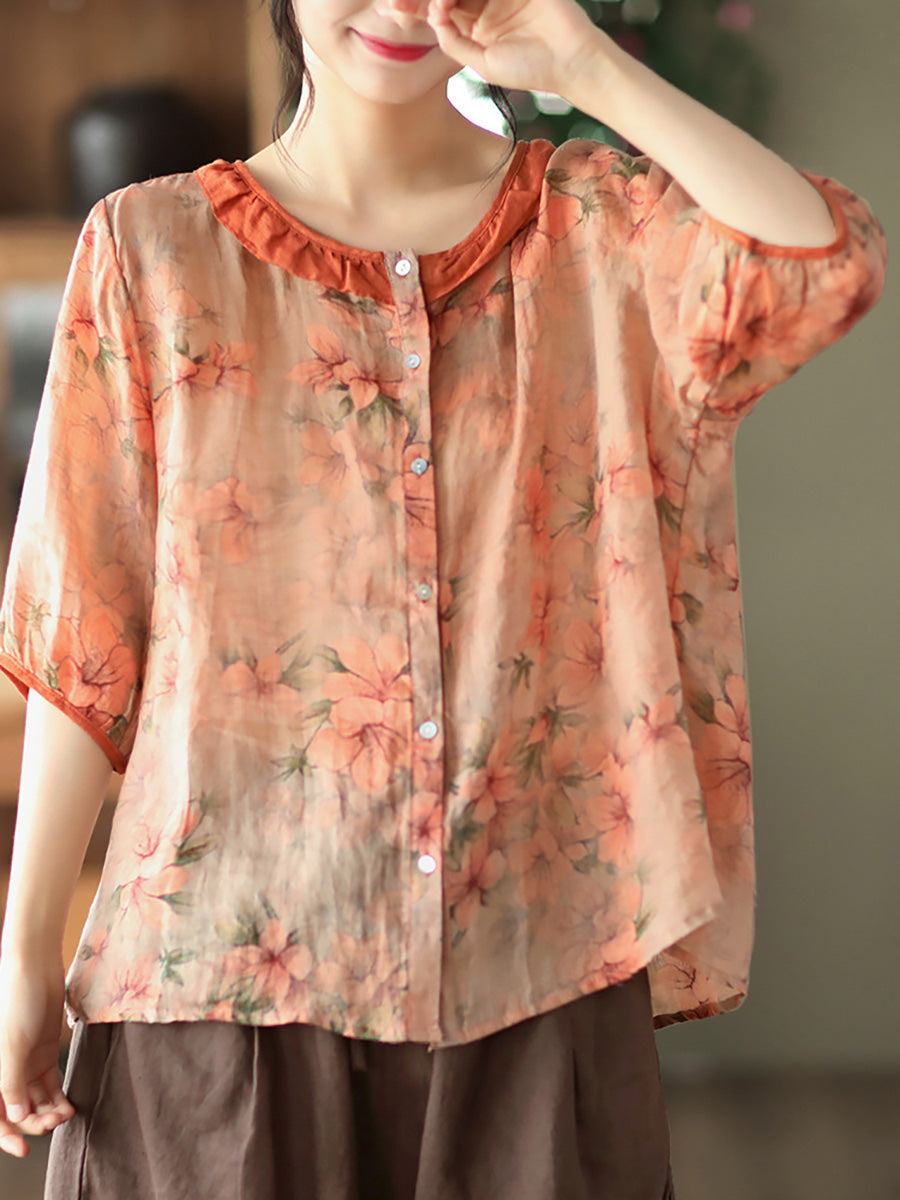 Women's Plus Size Floral Shirt Green Ramie O-Neck - Image 3