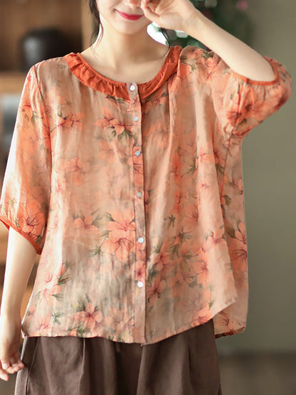 Women's Plus Size Floral Shirt Green Ramie O-Neck - Image 3
