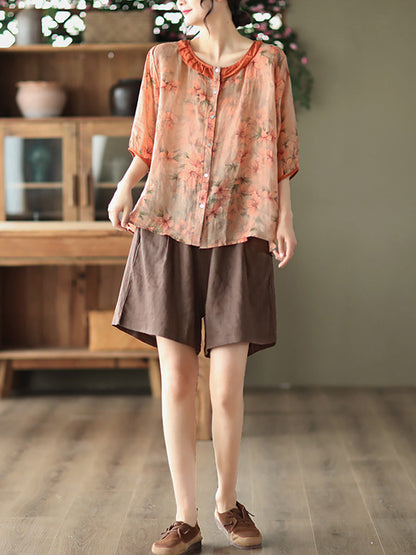Women's Plus Size Floral Shirt Green Ramie O-Neck - Image 4