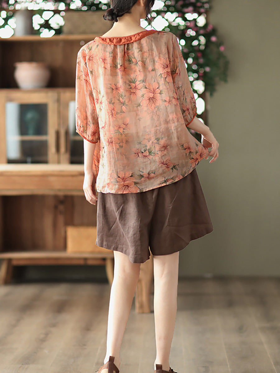 Women's Plus Size Floral Shirt Green Ramie O-Neck - Image 5