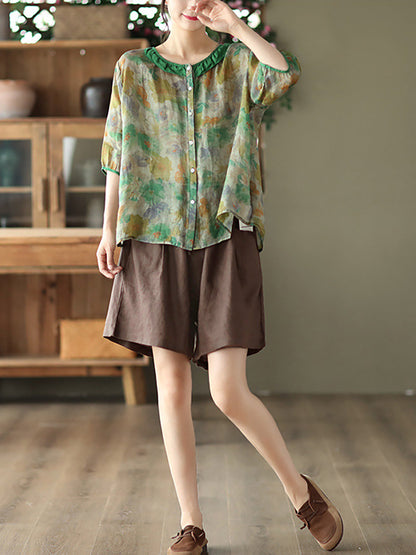 Women's Plus Size Floral Shirt Green Ramie O-Neck - Image 6