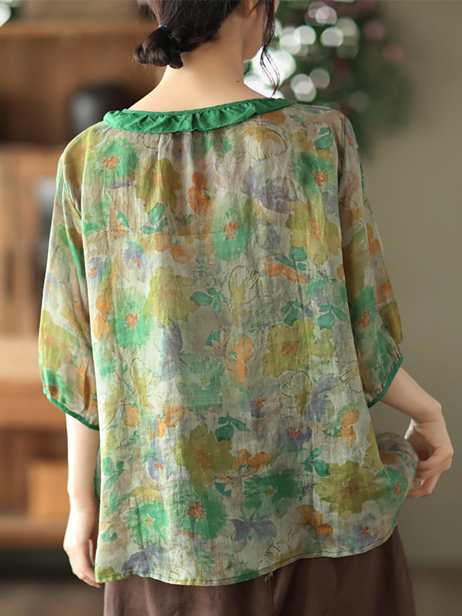 Women's Plus Size Floral Shirt Green Ramie O-Neck - Image 7
