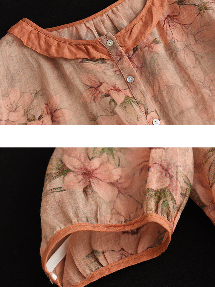 Women's Plus Size Floral Shirt Green Ramie O-Neck - Image 8