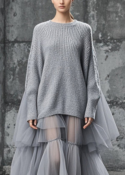 Women's Plus Size Sweater Dress Grey Knit and Tulle Oversized - 2
