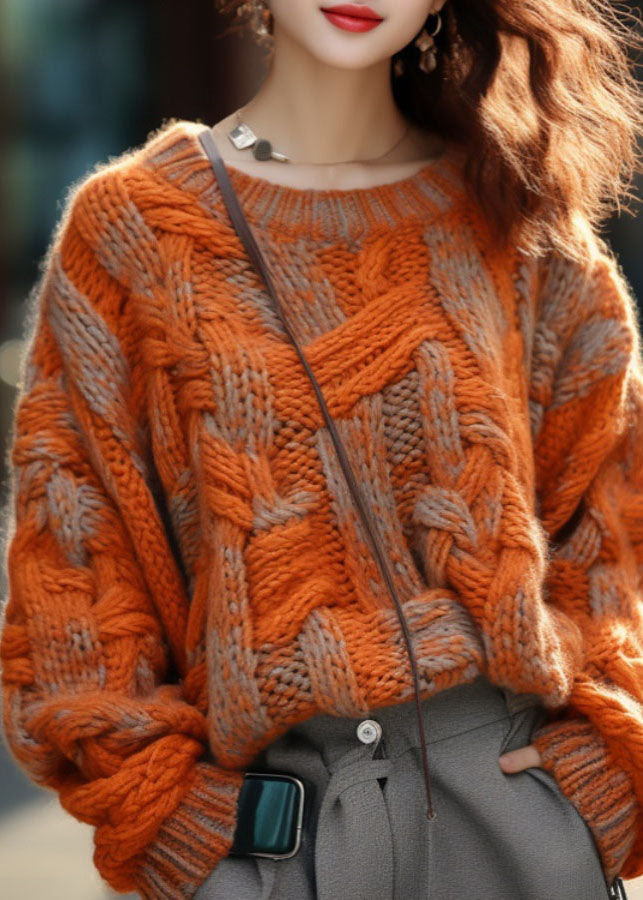 Women's Oversized Sweater Orange Cotton Knitted - 3
