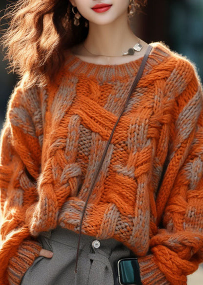 Women's Oversized Sweater Orange Cotton Knitted - 4