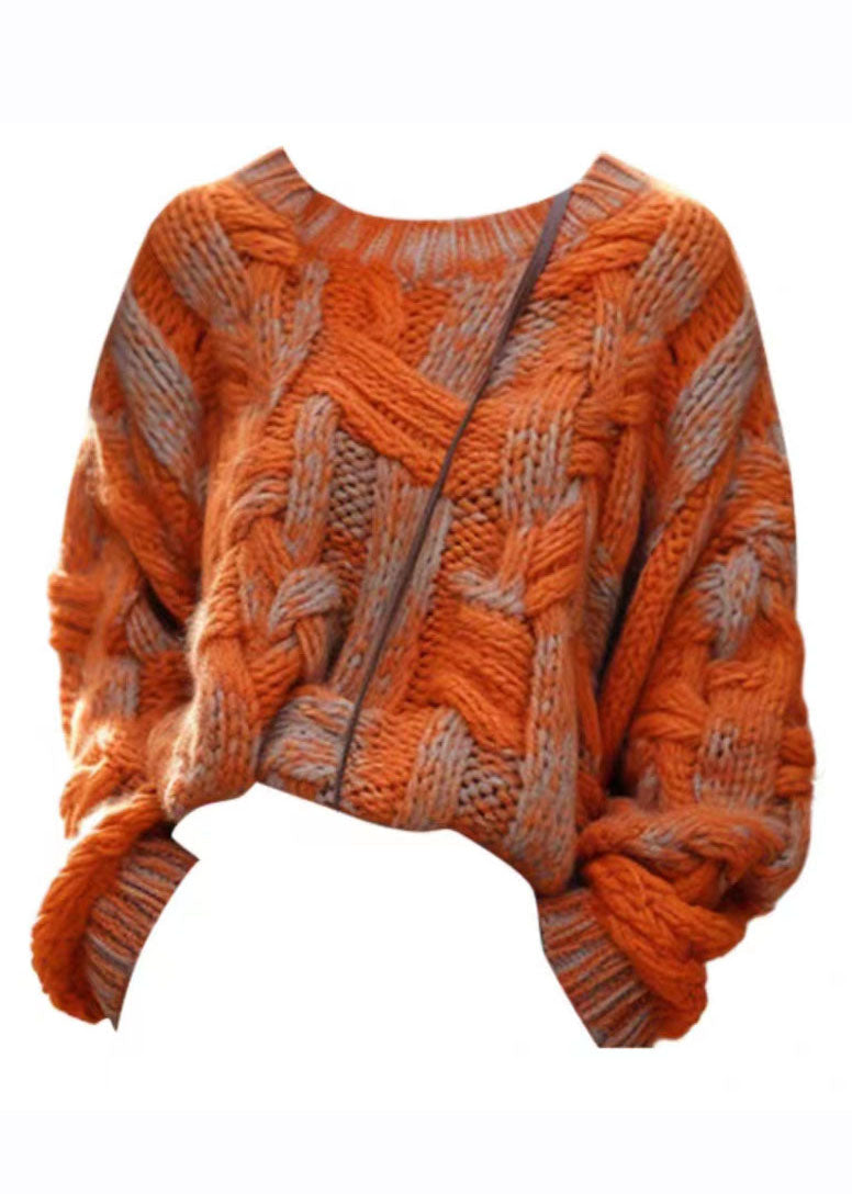 Women's Oversized Sweater Orange Cotton Knitted - 5