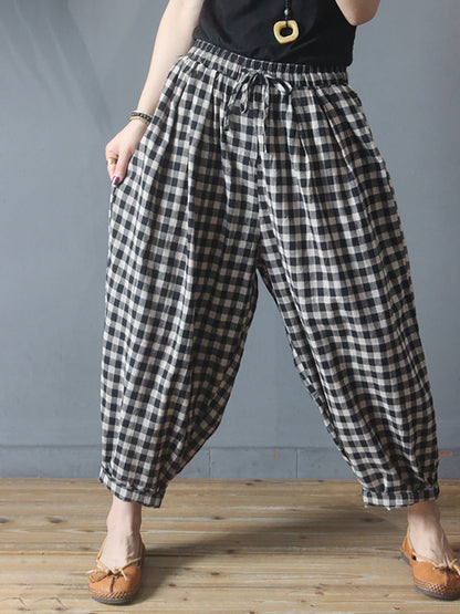 Harem Pants Women Plus Size, Lightweight Cotton-Linen, Drawstring Waist, Chic Plaid Design - Brand Name - 4