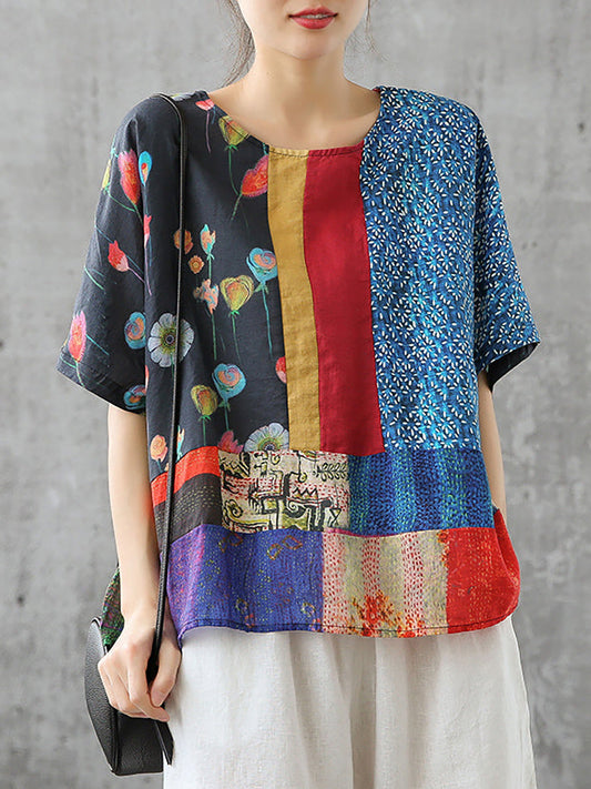 Plus Size T-Shirt - Floral Print, Loose Fit, 100% Linen Summer Wear - 2