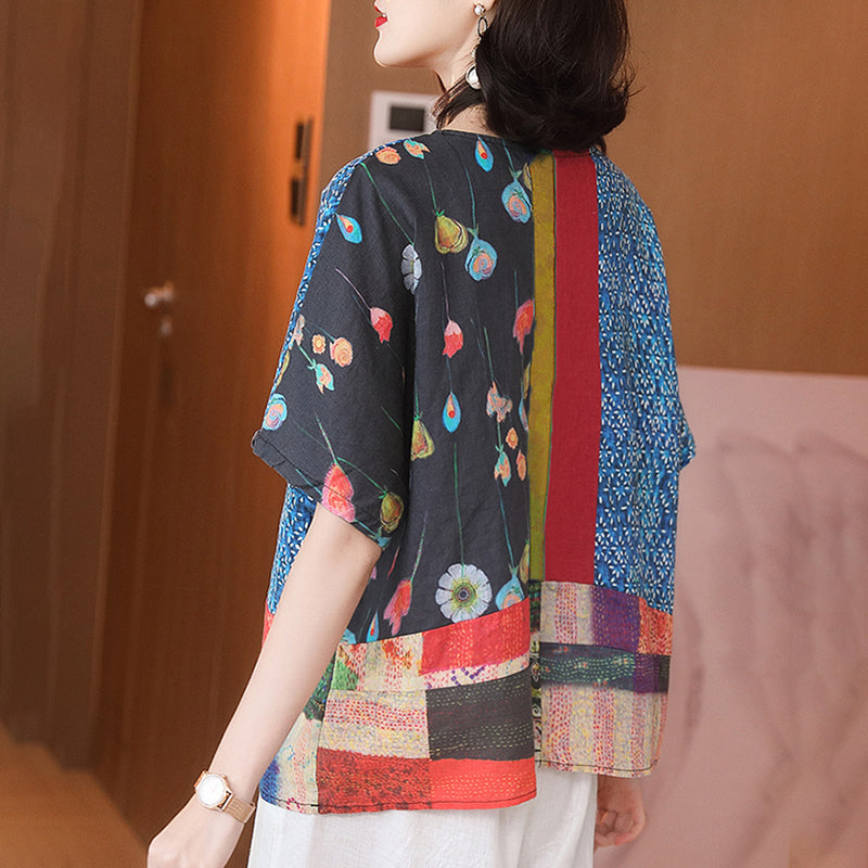 Plus Size T-Shirt - Floral Print, Loose Fit, 100% Linen Summer Wear - 4