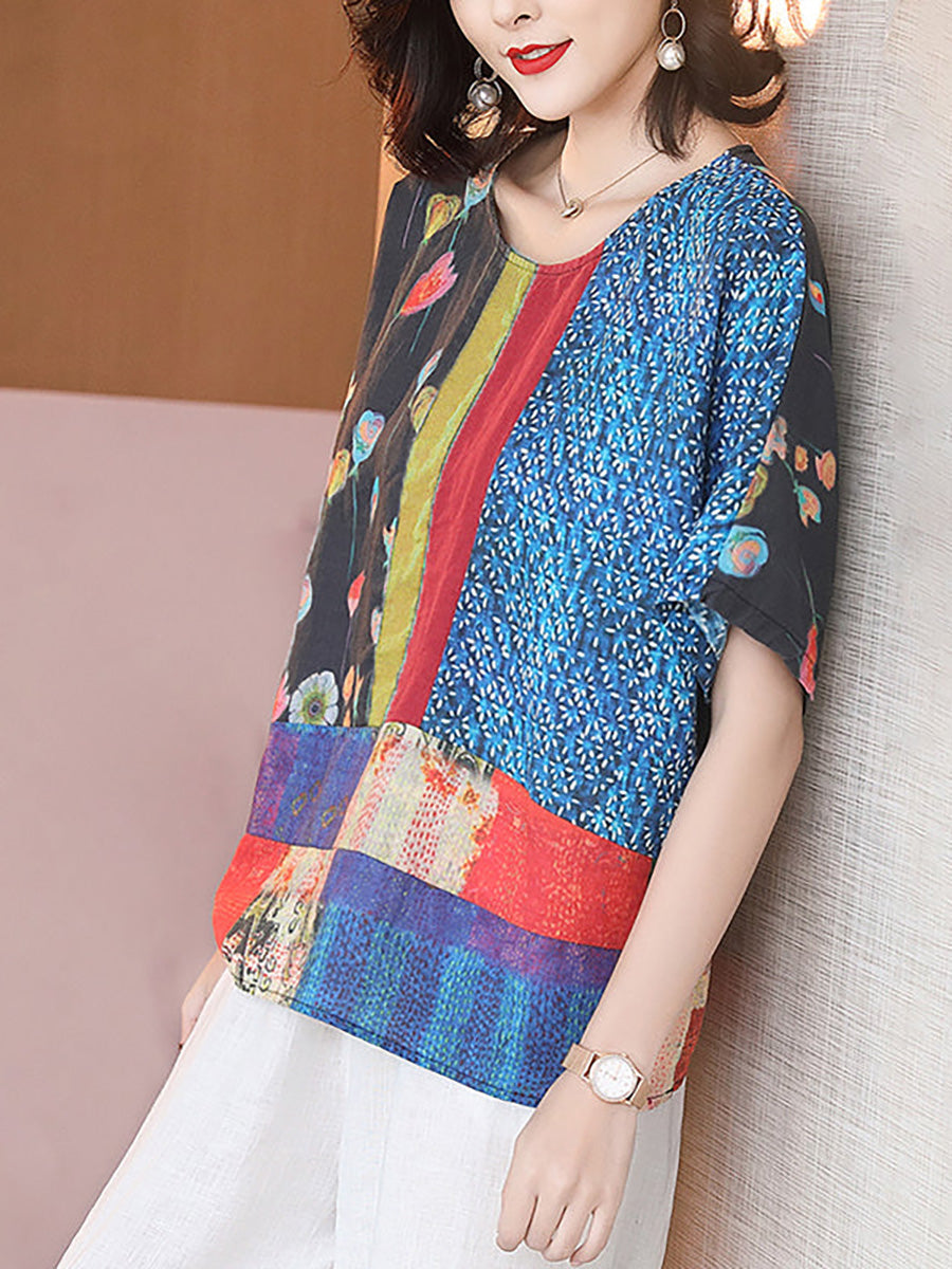 Plus Size T-Shirt - Floral Print, Loose Fit, 100% Linen Summer Wear - 5