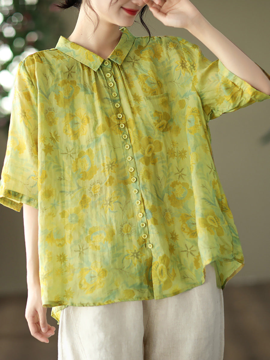 Women's Plus Size Floral Shirt Summer Ramie Casual Top - Image 2